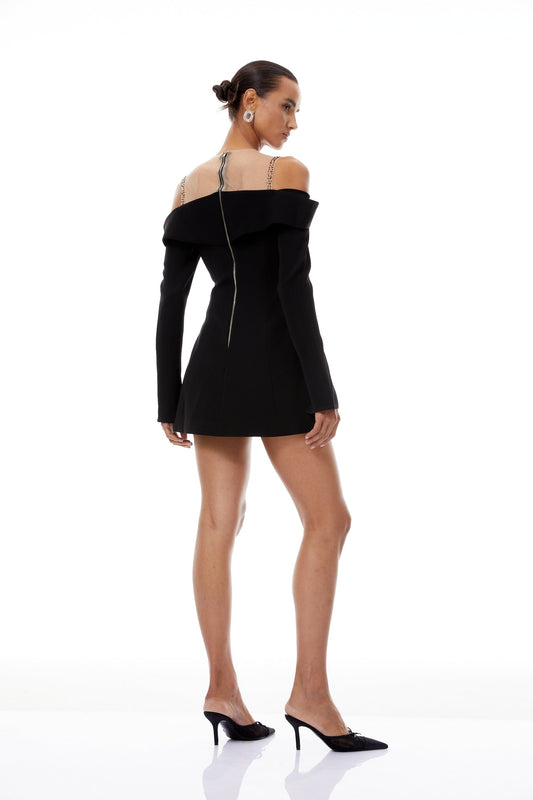 Abrielle Black Cold Shoulder Mini Dress with Studded Tulle Panels