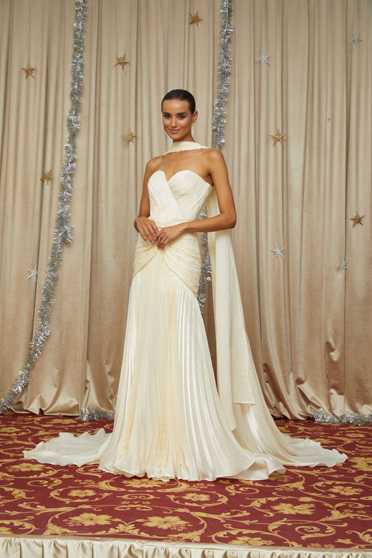 Roxane Yellow Strapless Cinched Waist Ruched Sweetheart Maxi Dress