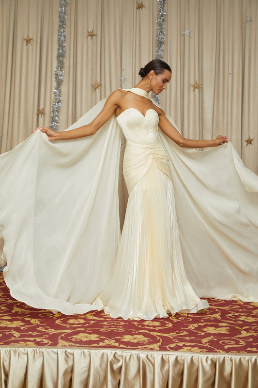 Roxane Yellow Strapless Cinched Waist Ruched Sweetheart Maxi Dress