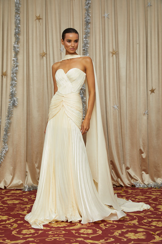 Roxane Yellow Strapless Cinched Waist Ruched Sweetheart Maxi Dress