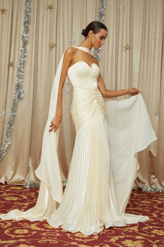 Roxane Yellow Strapless Cinched Waist Ruched Sweetheart Maxi Dress