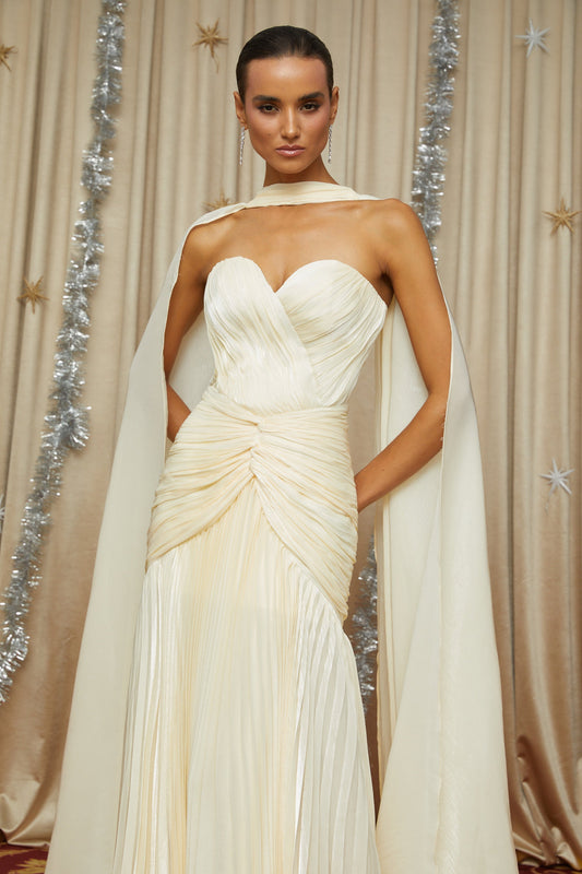 Roxane Yellow Strapless Cinched Waist Ruched Sweetheart Maxi Dress