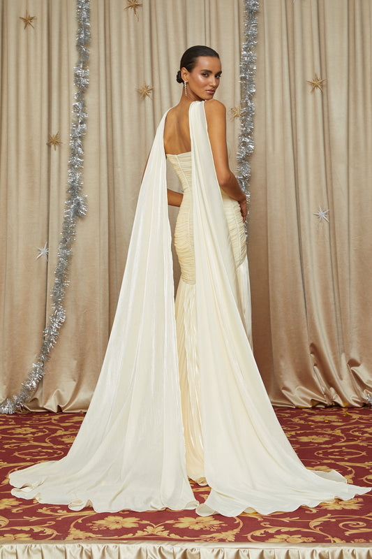 Roxane Yellow Strapless Cinched Waist Ruched Sweetheart Maxi Dress