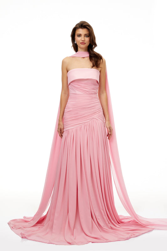 Elegant Laetitia Pink Off-Shoulder Pleated Maxi Dress With Train