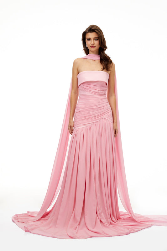 Elegant Laetitia Pink Off-Shoulder Pleated Maxi Dress With Train