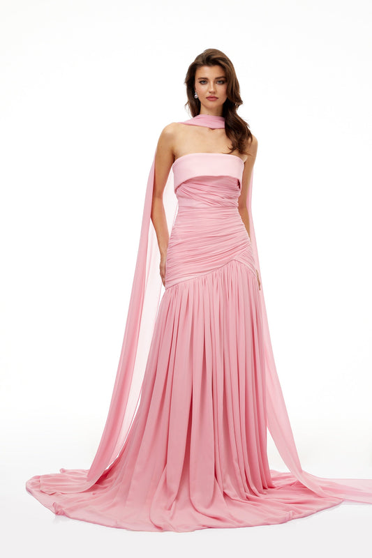 Elegant Laetitia Pink Off-Shoulder Pleated Maxi Dress With Train