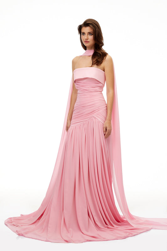 Elegant Laetitia Pink Off-Shoulder Pleated Maxi Dress With Train