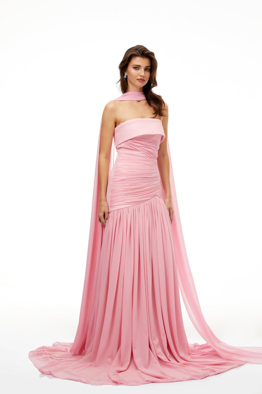 Elegant Laetitia Pink Off-Shoulder Pleated Maxi Dress With Train