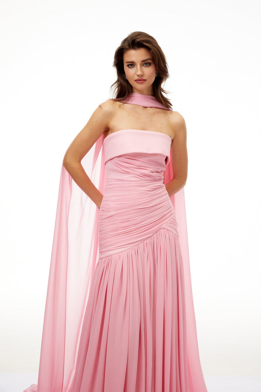 Elegant Laetitia Pink Off-Shoulder Pleated Maxi Dress With Train