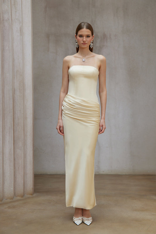 Elegant Yellow Ruched Satin Corset Maxi Dress with Slit