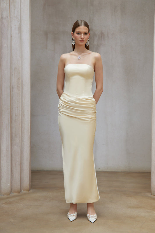 Elegant Yellow Ruched Satin Corset Maxi Dress with Slit