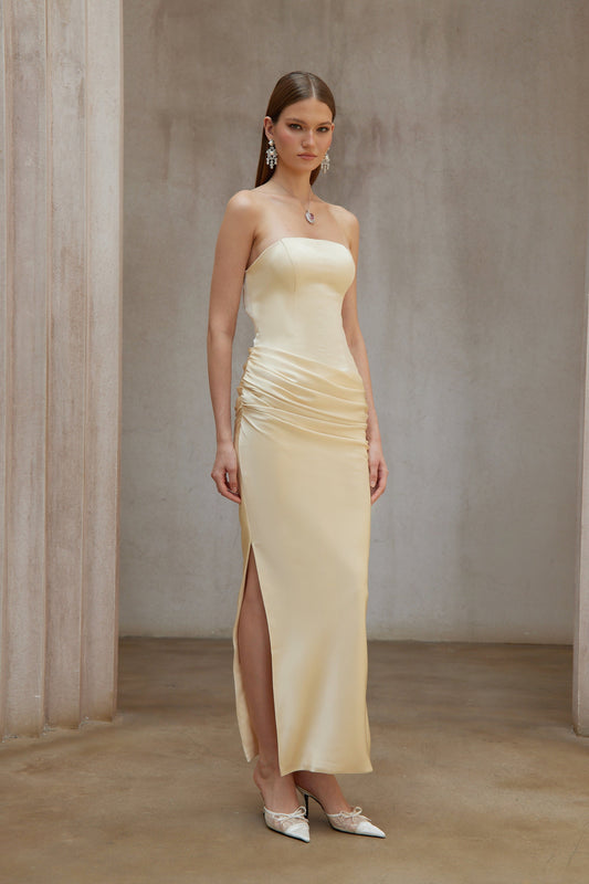Elegant Yellow Ruched Satin Corset Maxi Dress with Slit
