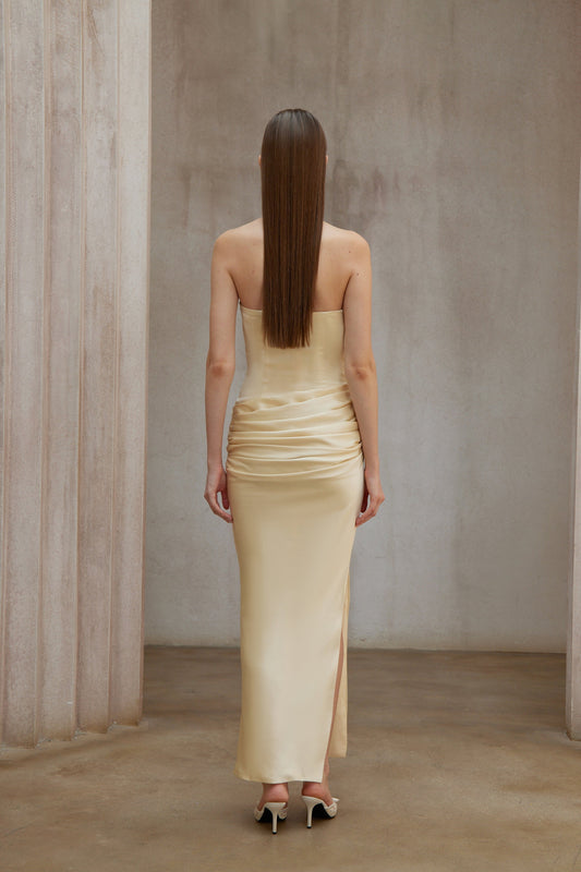 Elegant Yellow Ruched Satin Corset Maxi Dress with Slit