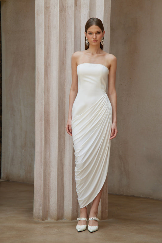 Wanda White Asymmetrical Ruched Midi Dress with Side Slit