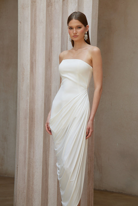 Wanda White Asymmetrical Ruched Midi Dress with Side Slit