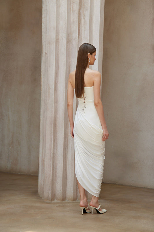 Wanda White Asymmetrical Ruched Midi Dress with Side Slit