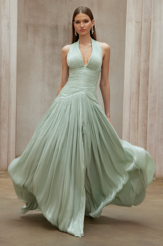 Seraphe Mint Green Halterneck Gathered Maxi Dress with Train