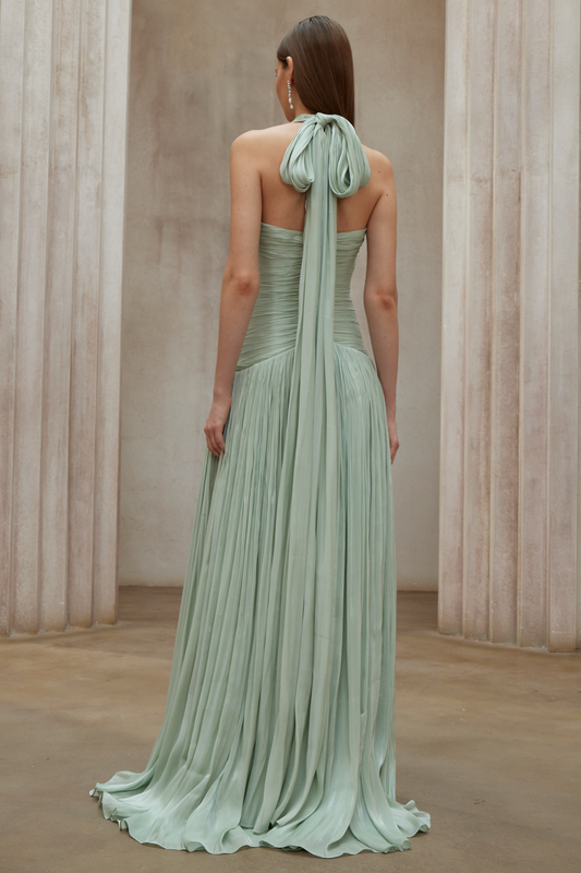 Seraphe Mint Green Halterneck Gathered Maxi Dress with Train