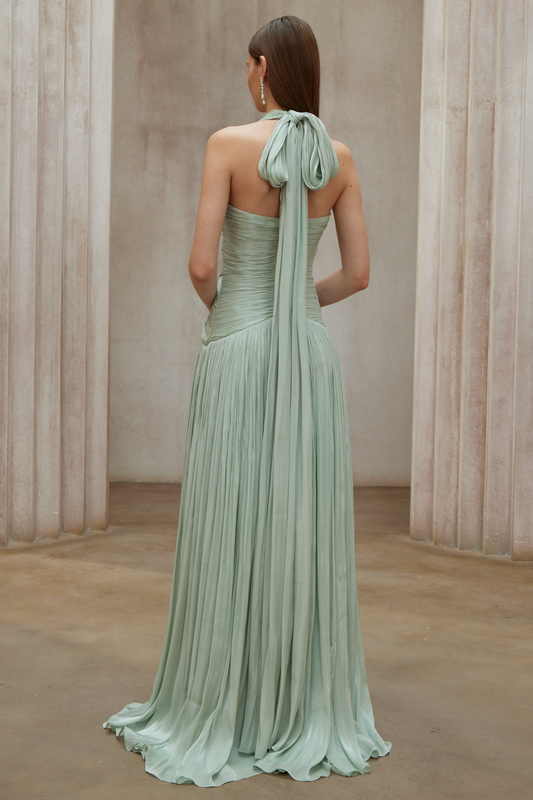 Seraphe Mint Green Halterneck Gathered Maxi Dress with Train