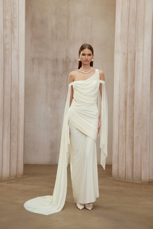 Aurianne White One Shoulder Asymmetrical Draped Ruched Maxi Dress