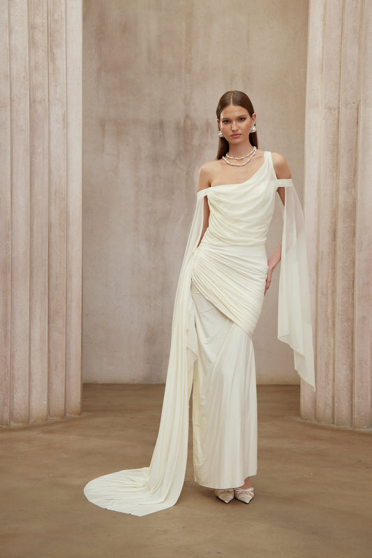Aurianne White One Shoulder Asymmetrical Draped Ruched Maxi Dress