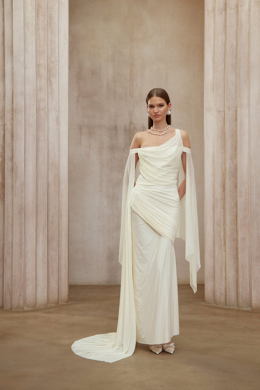 Aurianne White One Shoulder Asymmetrical Draped Ruched Maxi Dress