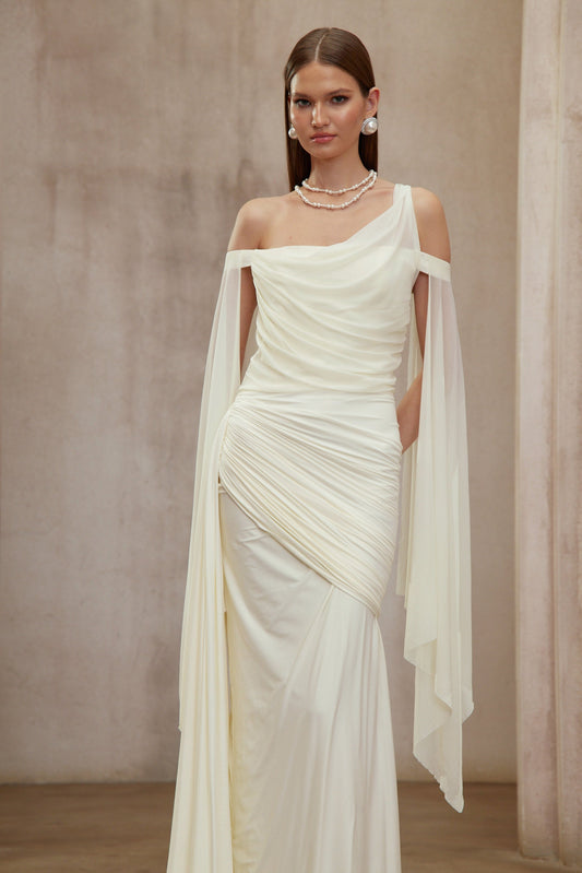 Aurianne White One Shoulder Asymmetrical Draped Ruched Maxi Dress
