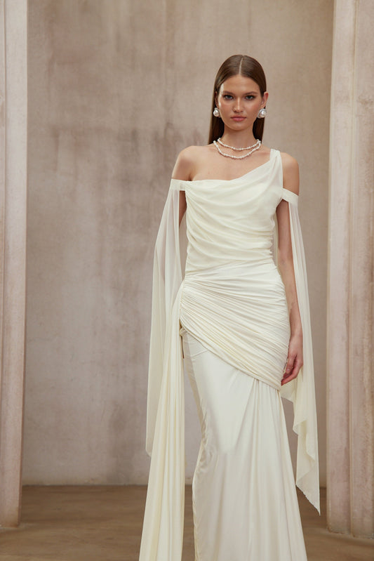 Aurianne White One Shoulder Asymmetrical Draped Ruched Maxi Dress