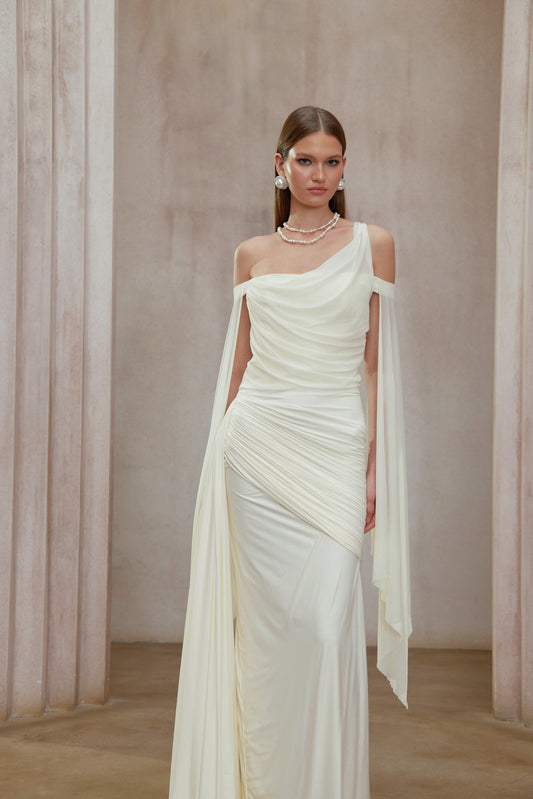 Aurianne White One Shoulder Asymmetrical Draped Ruched Maxi Dress