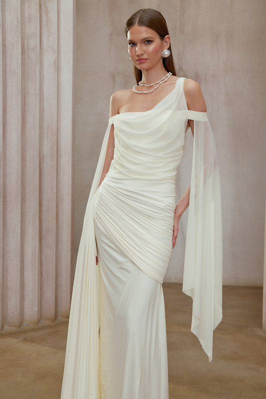 Aurianne White One Shoulder Asymmetrical Draped Ruched Maxi Dress