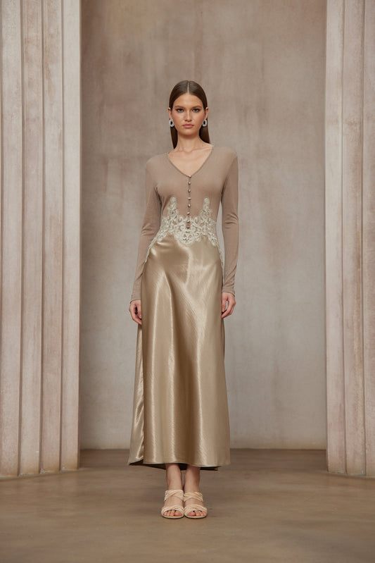 Szilvia Brown Knit Panel Satin V-Neck Long Sleeve Midi Dress