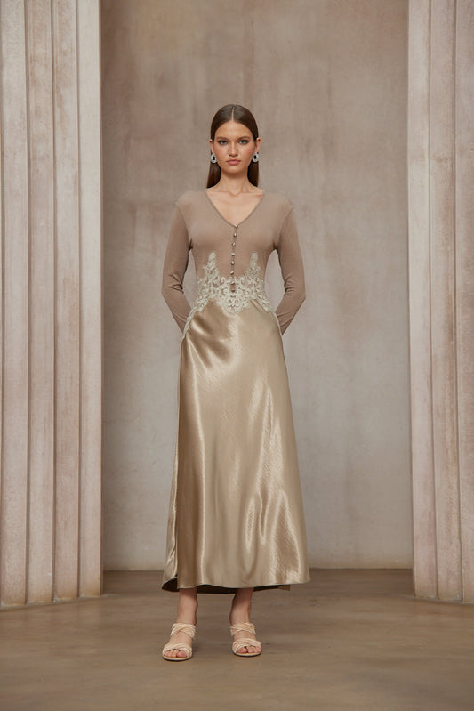 Szilvia Brown Knit Panel Satin V-Neck Long Sleeve Midi Dress