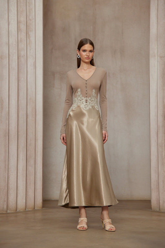 Szilvia Brown Knit Panel Satin V-Neck Long Sleeve Midi Dress