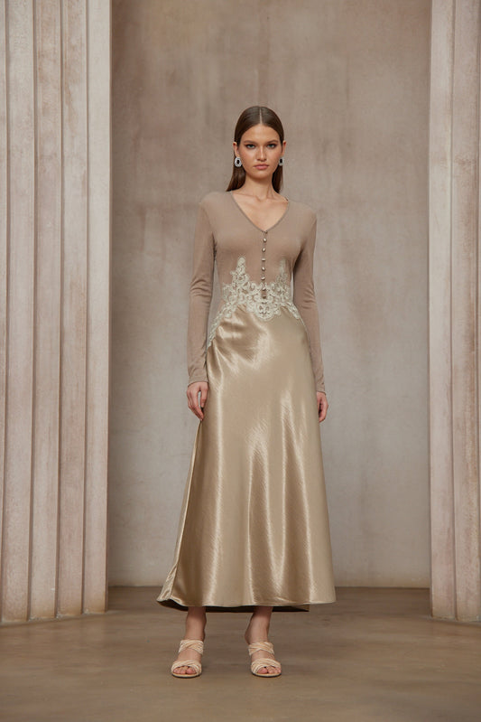 Szilvia Brown Knit Panel Satin V-Neck Long Sleeve Midi Dress