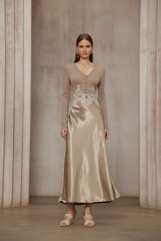 Szilvia Brown Knit Panel Satin V-Neck Long Sleeve Midi Dress