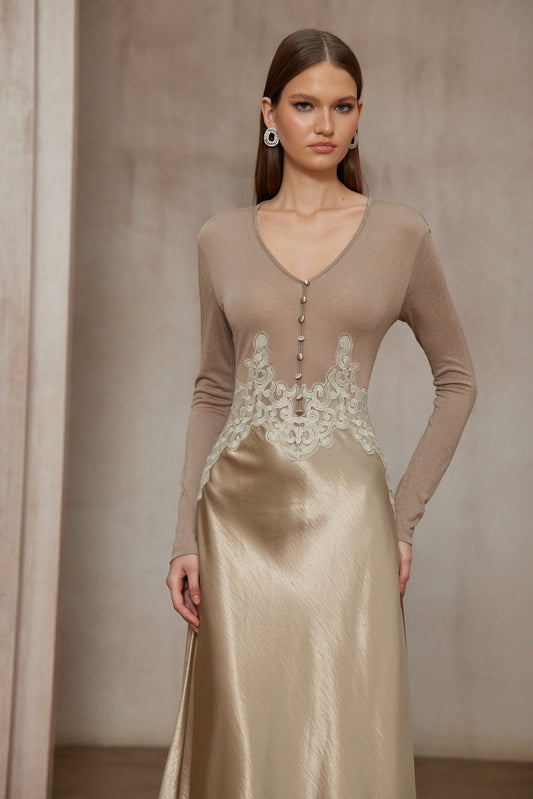 Szilvia Brown Knit Panel Satin V-Neck Long Sleeve Midi Dress