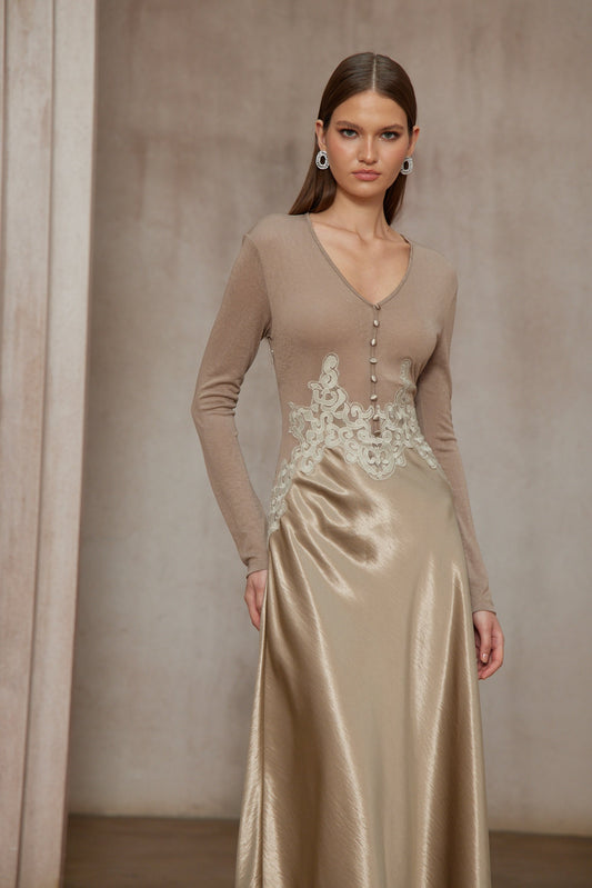 Szilvia Brown Knit Panel Satin V-Neck Long Sleeve Midi Dress