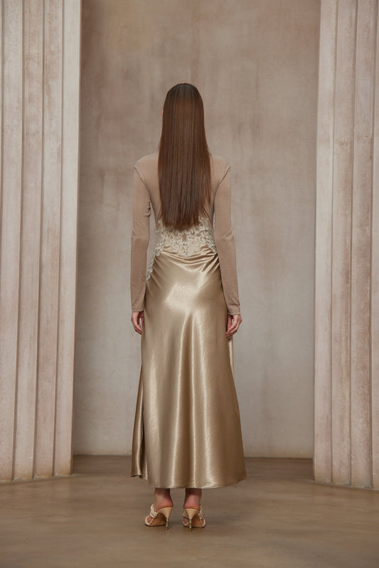 Szilvia Brown Knit Panel Satin V-Neck Long Sleeve Midi Dress