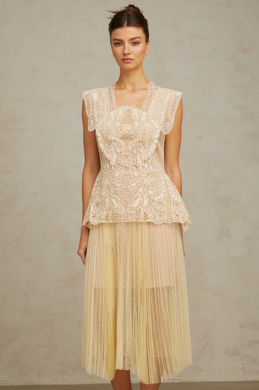 Amelier Rochas Céleste Floral Lace Panelling Tulle Midi Dress in Neutral