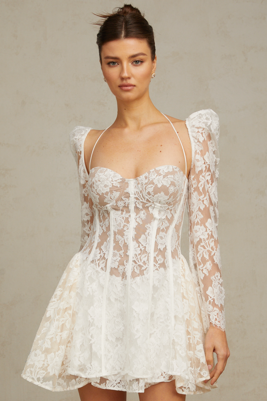 Vivienne White Floral Lace Corset Mini Dress with Detachable Sleeves