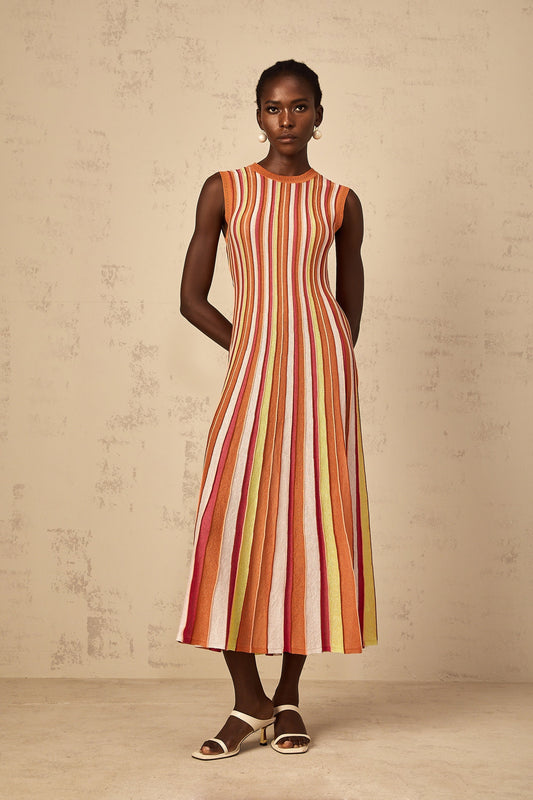Abriana Orange Vertical Striped Metallic Knit Midi Dress with Flared Hem