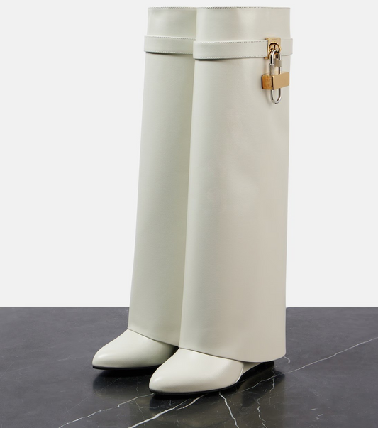 White Handcrafted Calf Leather Shark Boots with Sculptural Heel