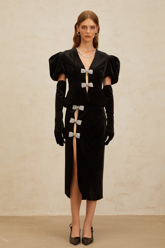 Adèle Black Bowknot Cut-Out Velvet Top and Midi Skirt Set