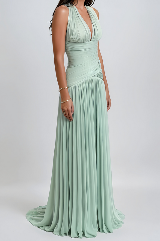 Seraphe Mint Green Halterneck Gathered Maxi Dress with Train