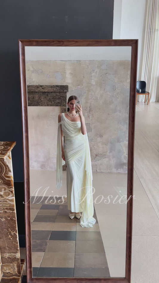 Aurianne White One Shoulder Asymmetrical Draped Ruched Maxi Dress