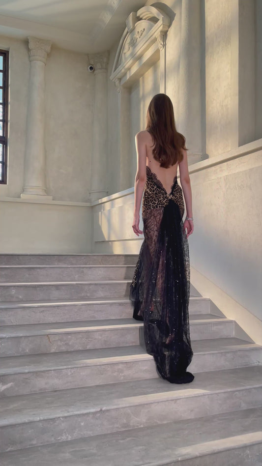 Alizée Brown Leopard Print Maxi Dress with Floral Lace Panelling