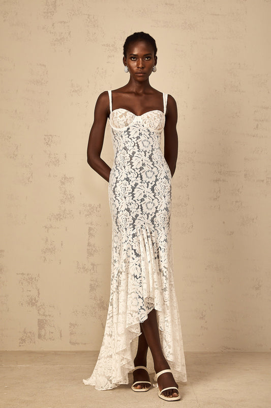 Elegant Abbie White Floral Lace Bustier Ruffled Maxi Dress