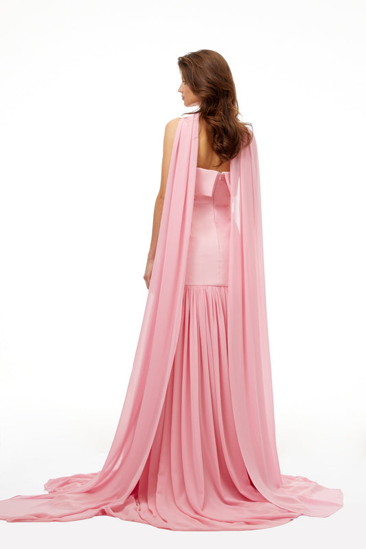 Elegant Laetitia Pink Off-Shoulder Pleated Maxi Dress With Train