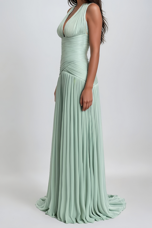 Seraphe Mint Green Halterneck Gathered Maxi Dress with Train