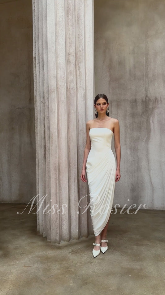 Wanda White Asymmetrical Ruched Midi Dress with Side Slit